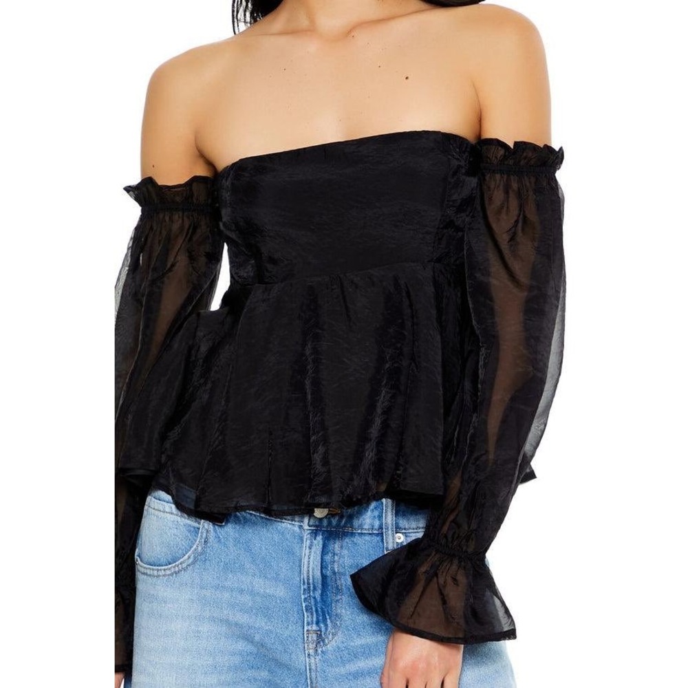 Forever 21 Black Off Shoulder Smocked Puff Sleeve Organza Whimsy Dark Fairygoth